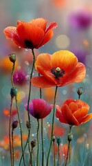 Obraz premium Colorful Flowers With Raindrops in a Vibrant Garden During Springtime