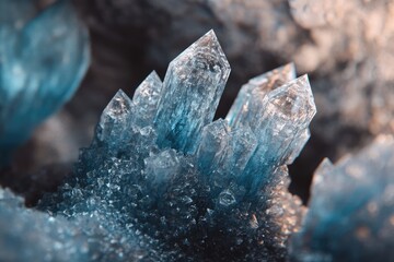 Fototapeta premium A cluster of sharp, translucent blue crystals emerges from a dark, rough matrix, showcasing intricate details and a captivating texture.