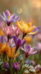 Naklejka premium Colorful Crocus Flowers Bloom in Springtime Garden During Golden Hour