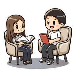 A chibi therapist chair and a smiling notebook talking, mental health therapy session, isolated on transparent background