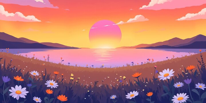 Sunset over a lake with mountains and flowers on the shore. Beautiful nature landscape for greeting card or background. Idyllic scene. - Powered by Adobe