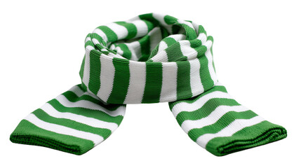Football scarf featuring green and white stripes with studio-quality lighting on a white background
