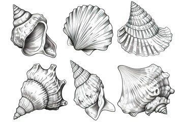 beautifully illustrated set of six unique seashells in monochrome ink sketch technique. Conceptual for eco-friendly packaging, beach resort logos and natural science visual content