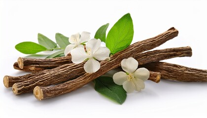 licorice dry roots with flowers on white background