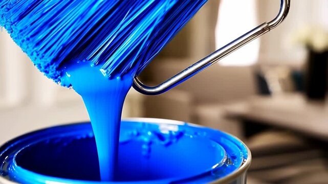 Bright blue paint dripping from a roller into an open can, showing a vibrant color in a close-up still life for home improvement