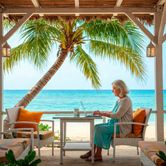 Senior Woman Working on Laptop at Beachside Pavilion Under Palm Trees - Tropical Digital Nomad