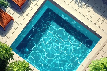 Obraz premium Relaxing and cheerful cartoon top view of swimming pool with vivid blue water, bordered by palm leaves and tropical plants. Excellent for beach club flyers, spa ads and vacation visuals