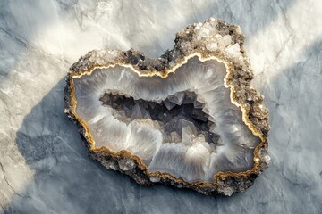 Obraz premium A stunning geode with a heart-shaped cavity filled with sparkling crystals rests on a marble surface.