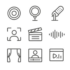 Multimedia and entertainment linear icons set. audio, video, and recording symbols