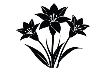 Stylized Black Flower Arrangement Graphic Three Blossoms with Stem and Leaf Detail