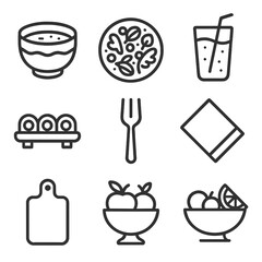 Food and dining silhouette icons set. culinary, meal, and kitchen symbols