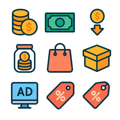 E-commerce and shopping flat icons set. online retail and commerce symbols