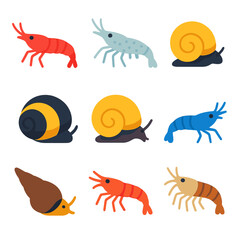 Fototapeta premium Aquatic creatures flat icons set. marine life and sea animals collection