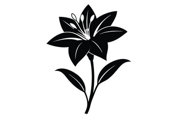 Silhouette of a Black Lily Flower with Stem and Two Leaves Illustration