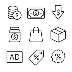 Finance and commerce linear icons set. business and economy symbols