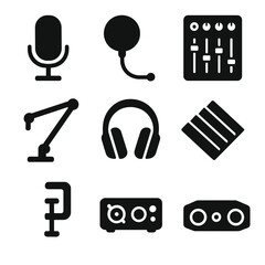 Audio equipment silhouette icons set. sound, music, and recording symbols