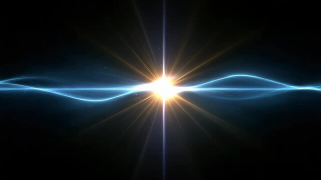 A bright, dynamic abstract featuring a radiant light source and undulating blue energy waves against a dark backdrop