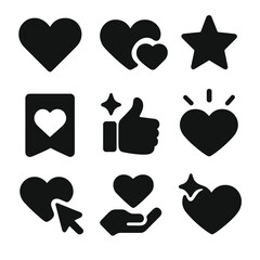 Love and appreciation silhouette icons set. heart and like symbols for relationships