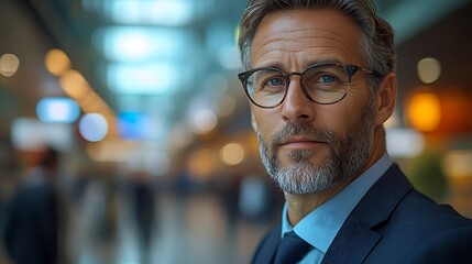 Fototapeta premium Confident Executive: A mature businessman exudes confidence and determination in this close-up portrait, his sharp gaze fixed on the camera, emphasizing leadership and professional authority.