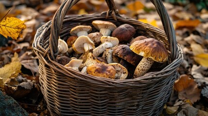 Autumnal harvest of wild mushrooms in a rustic basket.