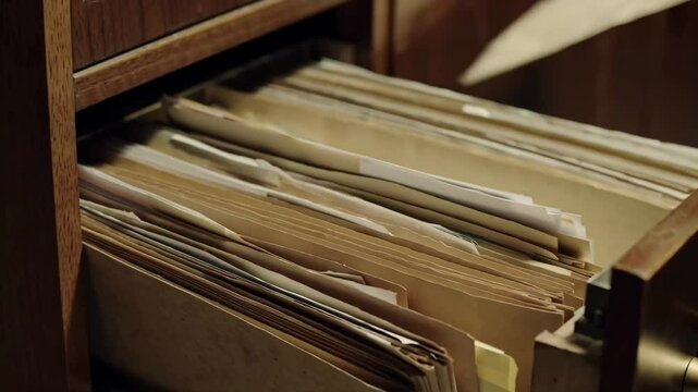 Hand Reaching into Open File Cabinet Drawer with Folders