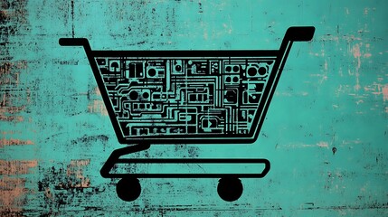 Digital shopping cart graphic on textured background.