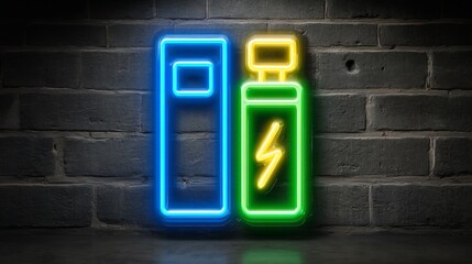 Neon battery symbols on a brick wall