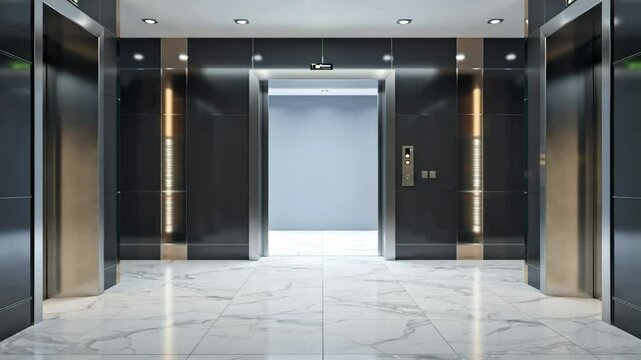 Three Elevators with Open Center Doors and Marble Floor