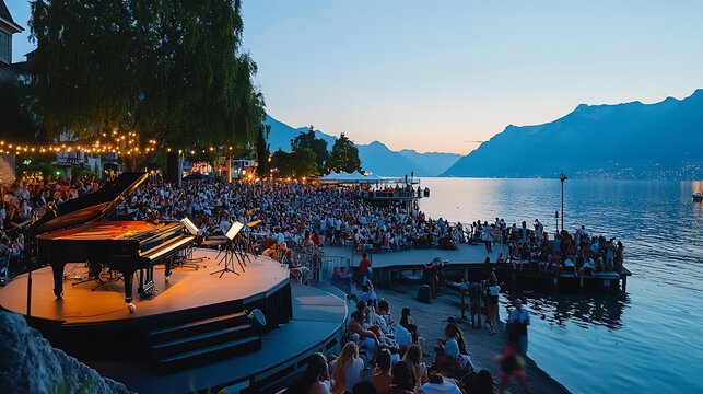 Outdoor music performance by a lake at dusk with many spectators. - Powered by Adobe