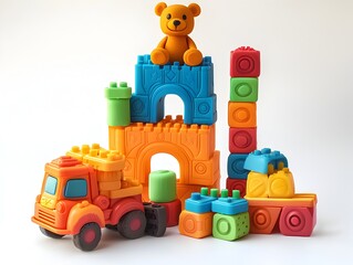 Fototapeta premium Photo of colorful children's toys, including a toy truck, teddy bear, and building blocks for playtime fun