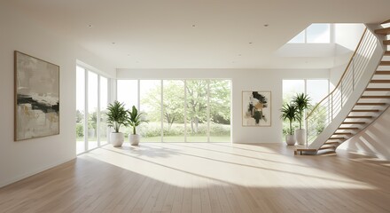 Fototapeta premium Empty modern office interior boasts new parquet floors, large windows offering an open view, and a spacious design within the building's architecture