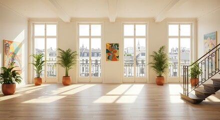 Fototapeta premium Empty modern office interior boasts new parquet floors, large windows offering an open view, and a spacious design within the building's architecture