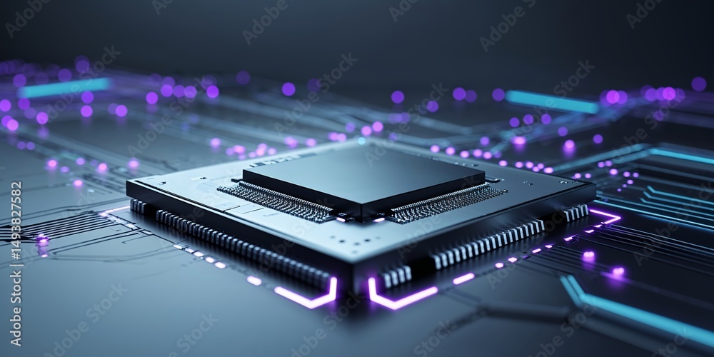 Poster microchip technology advances in digital circuitry with glowing neon patterns in modern electronics 