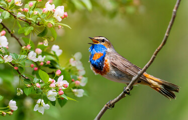 bright bluethroat bird sits on the branches of a blossoming apple tree in a spring May garden and sings loudly