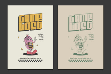 retro poster with a slot machine cartoon character, vector illustration