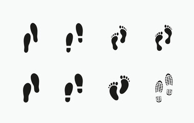 Collection different human footprints Vector Illustration. boot sole, bare feet, Baby footprint, vector icon. transparent background