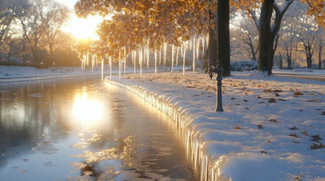 Winter sunrise over icy canal.  Golden sunbeams illuminate icicles and snow-covered banks