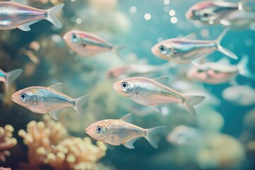 Naklejka premium A school of silvery fish swim gracefully in a clear aquarium, their scales shimmering.