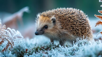 Obraz premium Hedgehog exploring a frozen forest floor while sniffing a delicate mushroom cap
