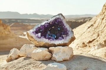 A large amethyst geode rests on rocks in a desert landscape, showcasing its vibrant purple crystals.