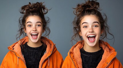 there are two pictures of a young girl making a funny face