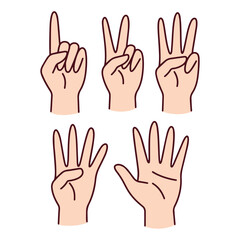 Obraz premium Five light-skinned hands display numeric counting gestures from one to five using fingers. Illustration is ideal for educational material, early childhood learning, or sign language references
