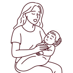 Black and white line art showing young mother sitting and cradling her baby while singing a lullaby, expressing care, tenderness, emotional bonding, motherhood love and calming bedtime routine