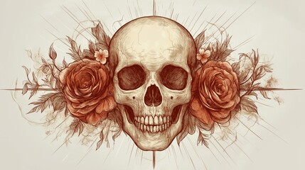 Human skull surrounded by roses and spring flowers on a white background. Human skull among flowers hand drawn in an engraved style. Vector illustration.
