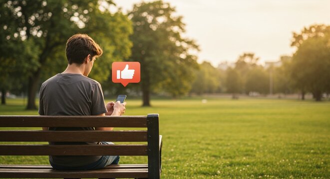 Young man sitting on bench using smartphone with social media notifications  
