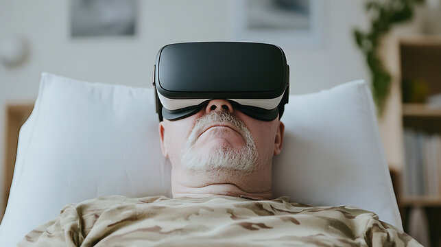 Man using virtual reality headset while lying down on a pillow, exploring a digital world with immersive experience, interacting with the metaverse.
