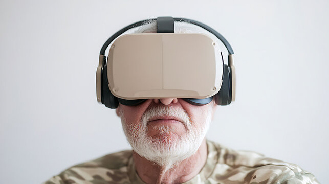 Senior man using virtual reality headset with headphones. White background. Gray beard. Camouflage shirt. Immersive experience. Tech-savvy elderly. Focused and intrigued.