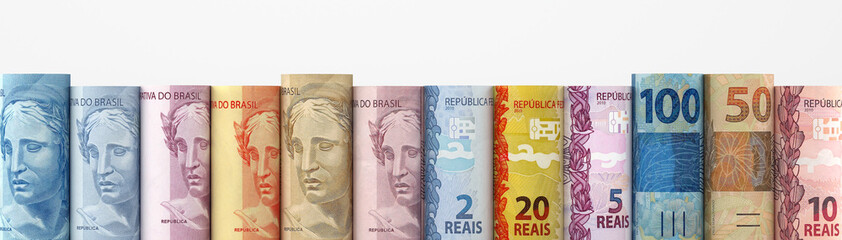 Rolled brazilian real banknotes, Brazil currency.