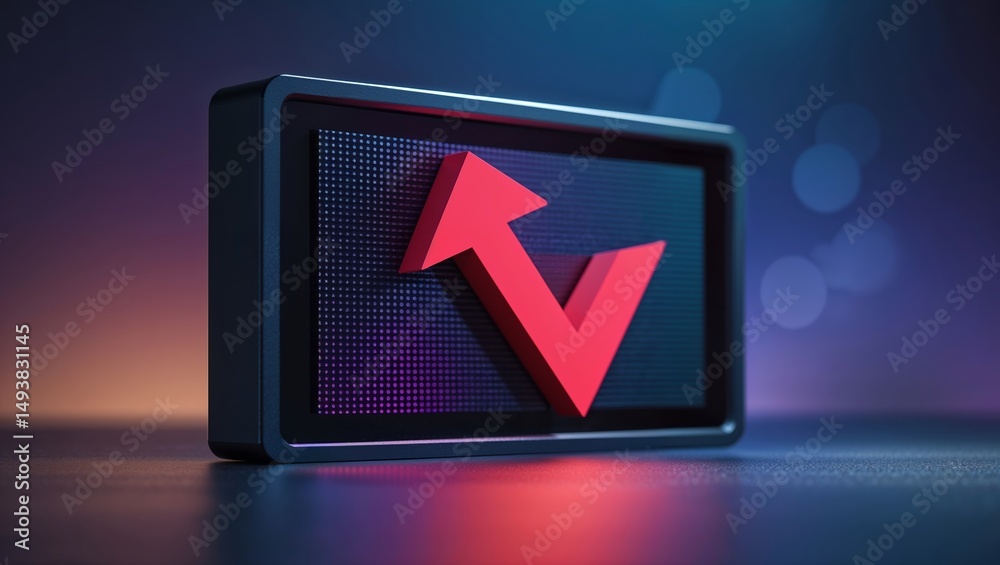Poster digital display with a red upward arrow symbolizing growth and progress in a modern technology setti
