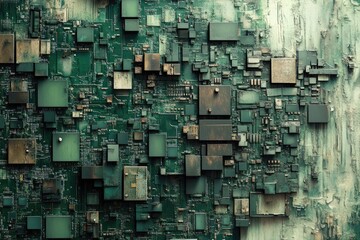 Abstract digital artwork depicting a complex circuit board with weathered, textured components.
